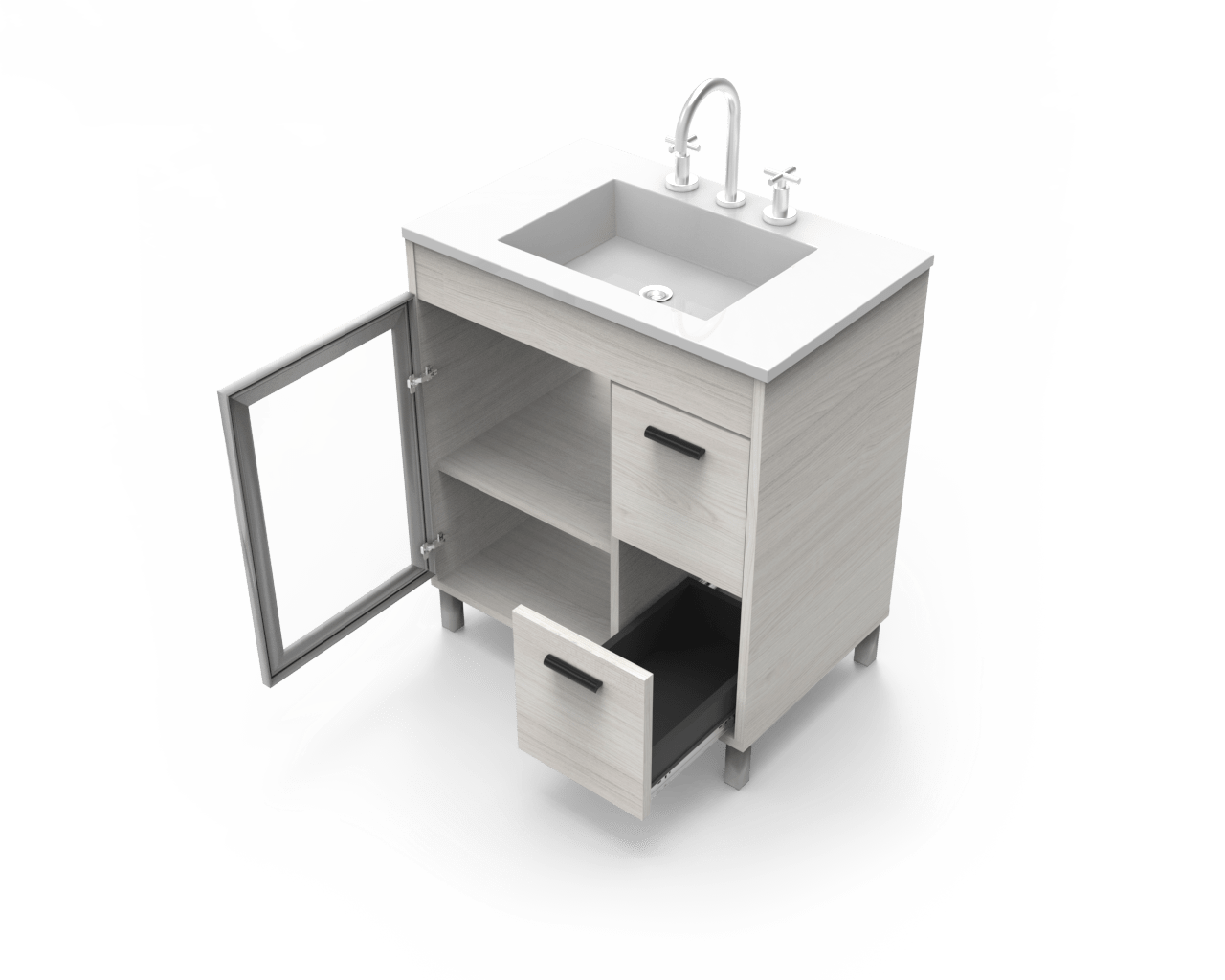 VANITORY ITAR LYON ARTICO 70CM DE PIE CON PUERTA DE VIDRIO + MESADA BCO DE MARMOLINA ITAR 1 AGUJERO 70CM