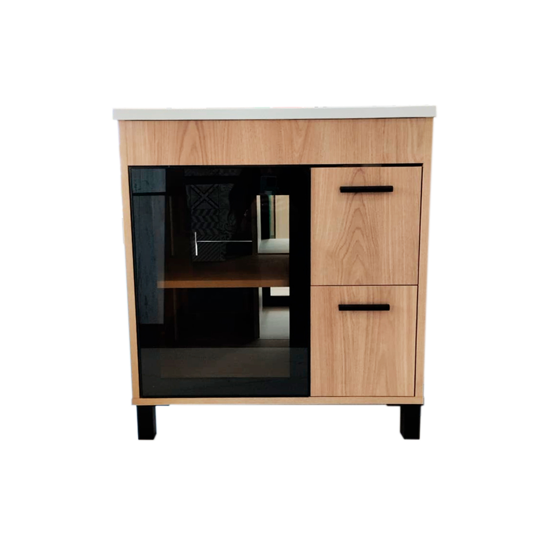 VANITORY ITAR LYON PARAISO 70CM DE PIE CON PUERTA DE VIDRIO + MESADA BCO DE MARMOLINA ITAR 1 AGUJERO 70CM