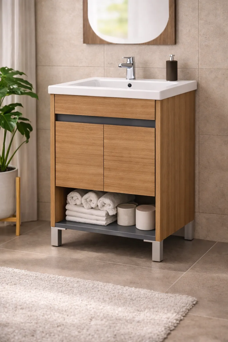 VANITORY SCHNEIDER NIVOR MOKA 60CM DE PIE + MESADA DE LOZA DE 1 AGUJERO DE 60CM