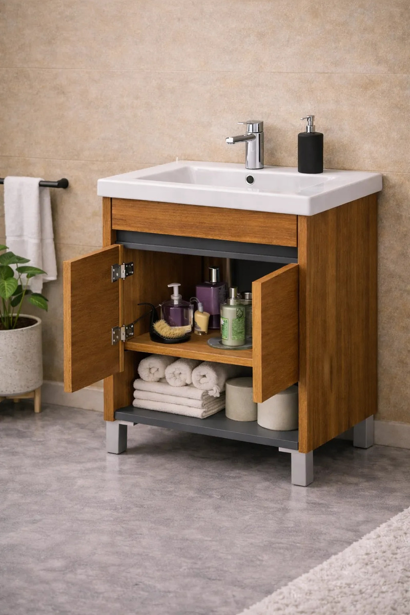 VANITORY SCHNEIDER NIVOR MOKA 60CM DE PIE + MESADA DE LOZA DE 1 AGUJERO DE 60CM