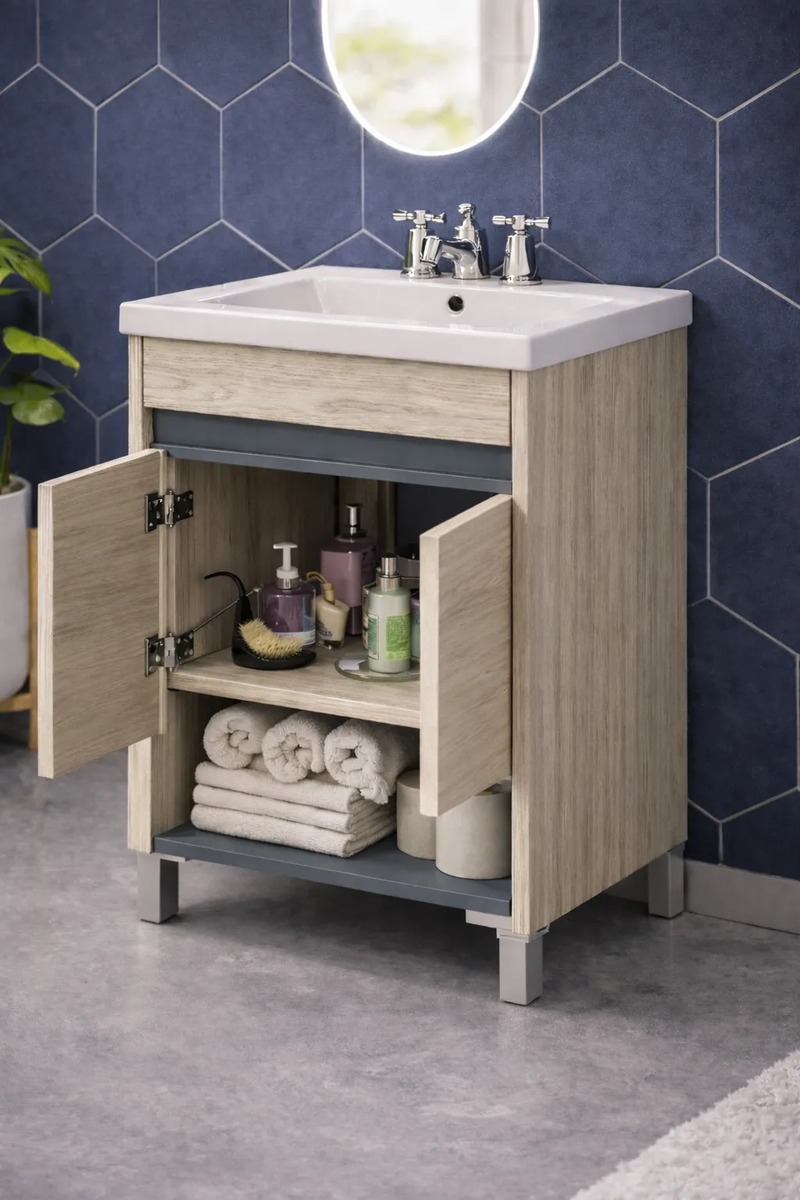 VANITORY SCHNEIDER NIVOR PIETRA 60CM DE PIE + MESADA DE LOZA DE 1 AGUJERO DE 60CM