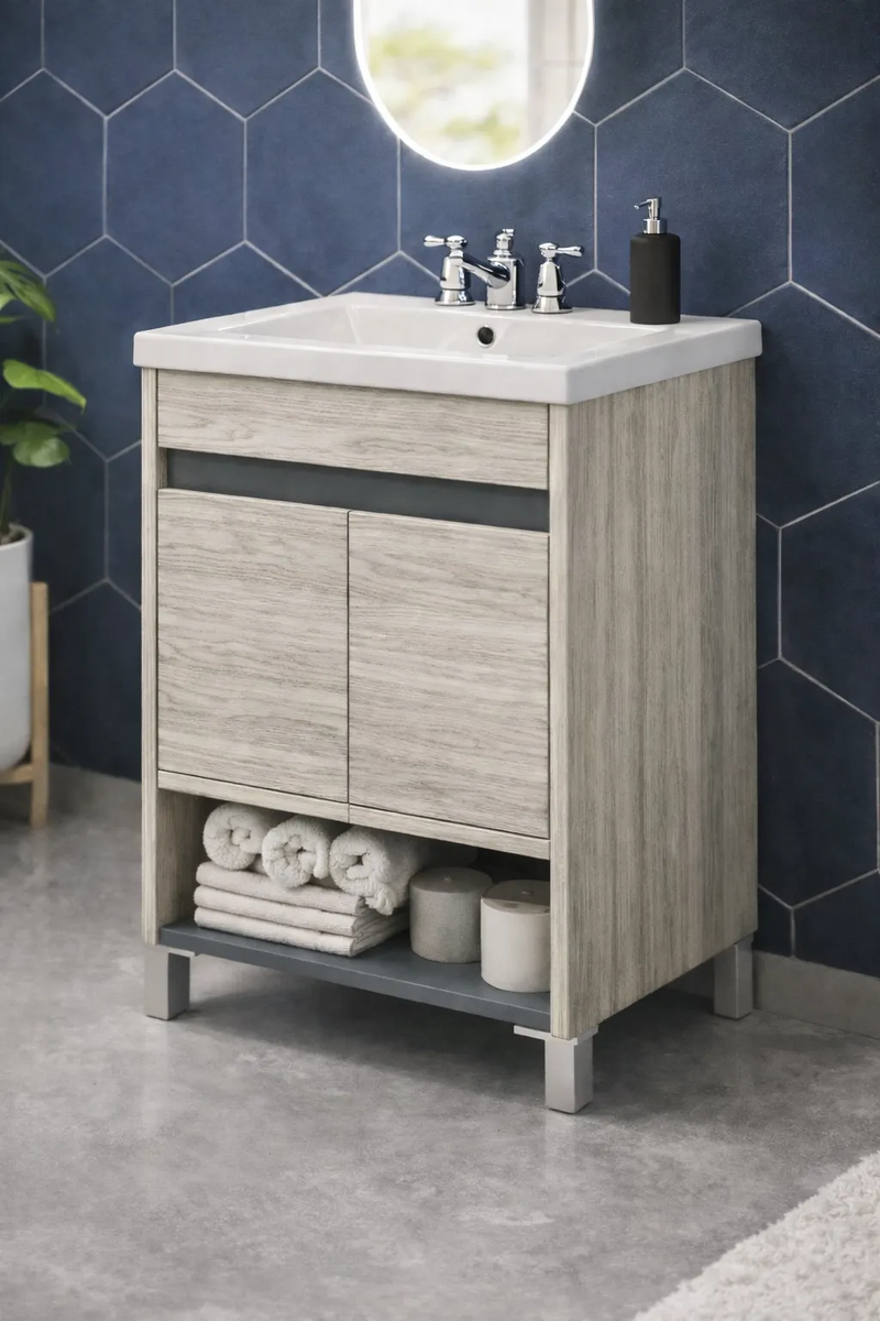 VANITORY SCHNEIDER NIVOR PIETRA 60CM DE PIE + MESADA DE LOZA DE 1 AGUJERO DE 60CM